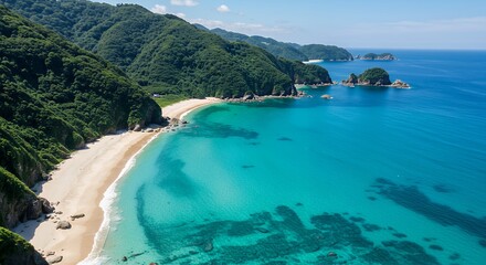 Fototapeta premium Aerial View of Tropical Coastline with Turquoise Water and Green Hills