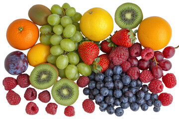 A visually appealing flat lay of mixed healthy fruits and berries, featuring strawberries, raspberries, kiwis, plums, apples, oranges, blueberries