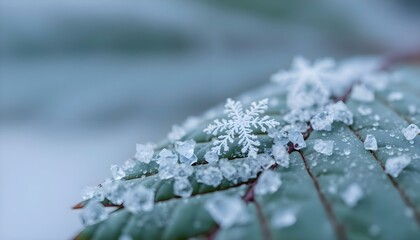 close up of a leaf with snow flakes on it