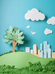 Paper-carved urban greenery and high-rise buildings
