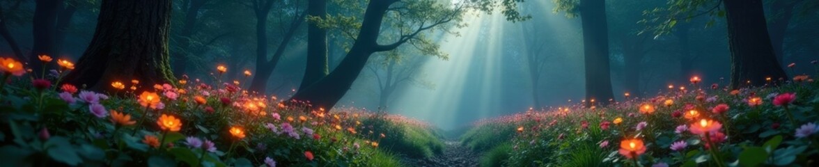 Enchanted forest filled with glowing wildflowers, forest, misty, glowing