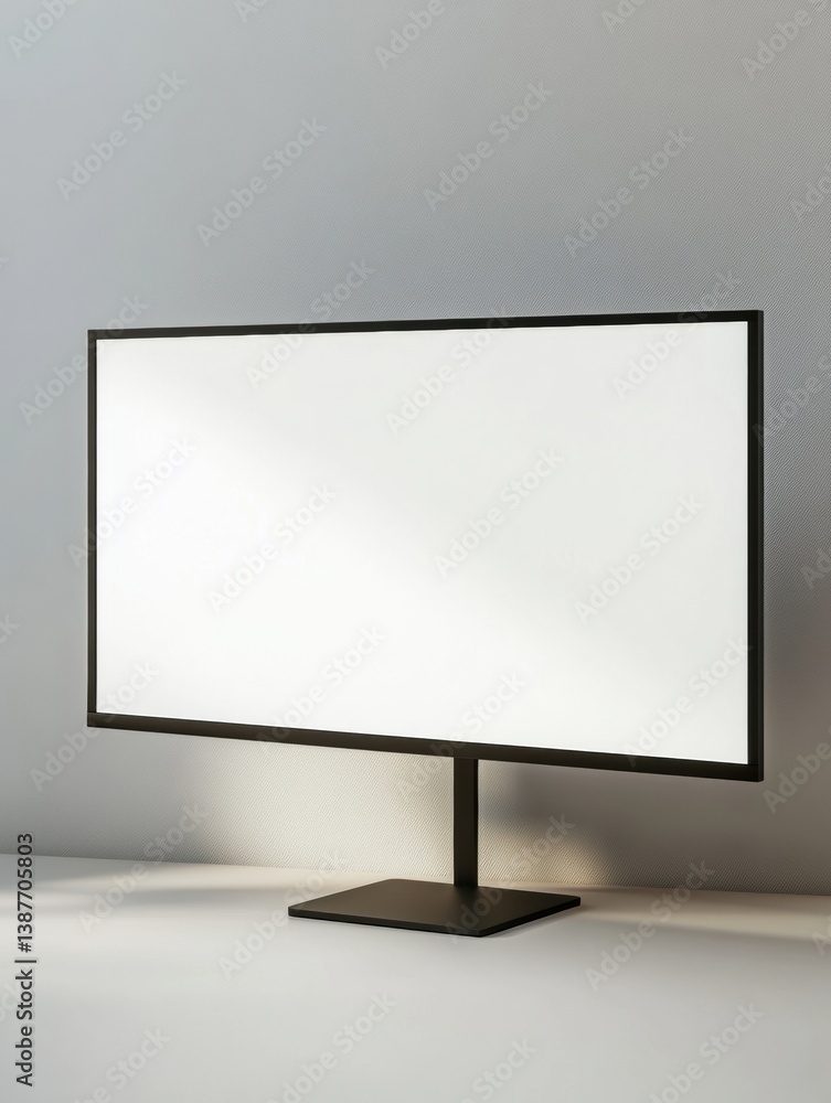 Poster sleek desktop monitor on minimalistic workspace with bright white screen and soft shadows, creating 