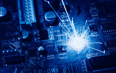 short circuit on the motherboard, explosion of sparks from an electrical short circuit