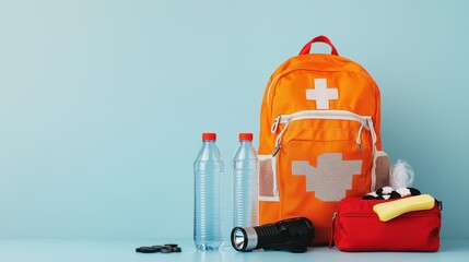Emergency survival backpack kit with essential supplies including water, flashlight, first aid, and food for disaster preparedness and personal safety planning