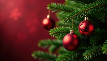 Obraz premium Evergreen branch with bright red glass ornaments and greenery, holiday, bright