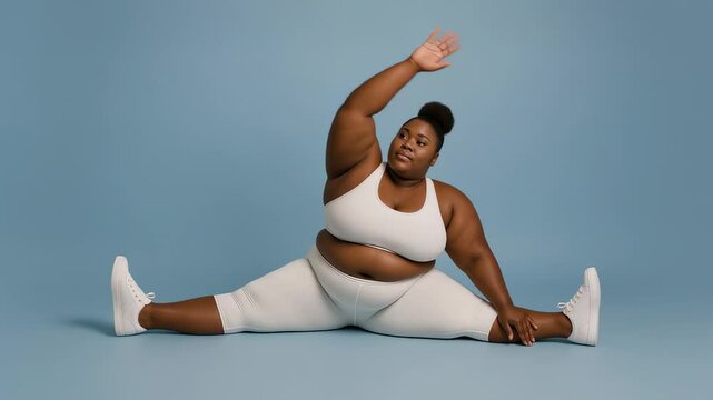 Plus-size black woman stretching, leg-split,  practicing yoga and fitness exercises, weight loss and healthy lifestyle