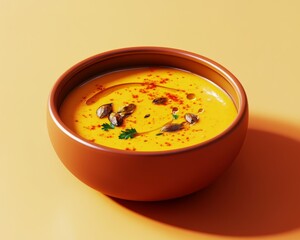 Creamy butternut squash soup with olive oil garnish on orange background