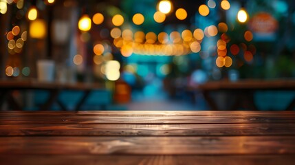 Empty wooden table with christmas theme in background, Warm Glow: A Cozy Evening at a Wooden Table