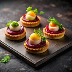 Trio of Amuse-Bouche: Beet Foam, Quail Egg, and Tuna Tart on Slate, Refined Minimalist Fine Dining Presentation