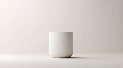 A subtly textured, off-white cylindrical vessel sits centrally in the image. The simple composition features a minimalist, clean aesthetic. The photo boasts high quality and even lighting. Its muted