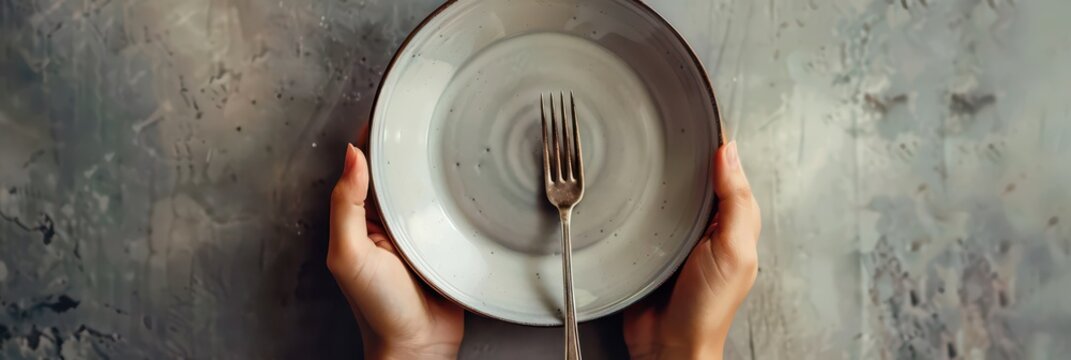 Observing world hunger day: empty plate and fork symbolizing global hunger awareness. Horizontal banner. Copy space. International day for eradication of poverty. Food bank Day - Powered by Adobe