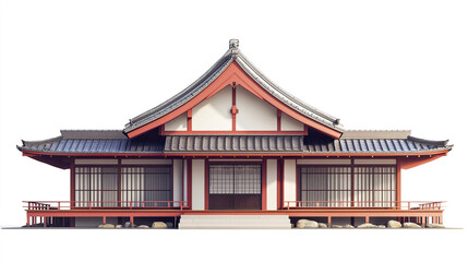 Fototapeta premium Traditional Japanese house with red accents on white background