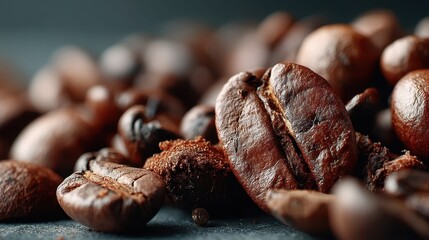 A close-up view of richly roasted coffee beans scattered on a dark surface, revealing their distinct textures and colors for an inviting coffee lover's aesthetic.