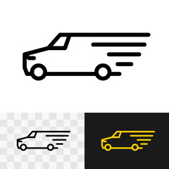 Fast moving shipping delivery service van car black line icon with parallel dynamic lines. Editable stroke.