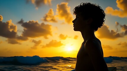 Silhouetted boy gazing at a vibrant sunset over ocean waves