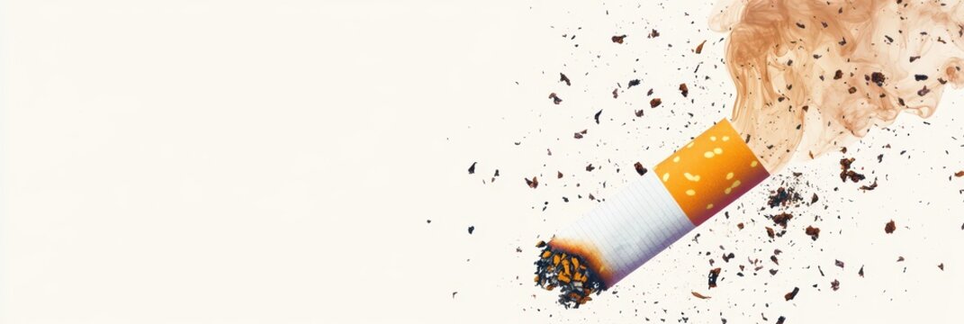 World no tobacco day concept - cigarette with smoke and debris for health awareness design. No smoking. Horizontal banner. Copy space. The Great American Smokeout. Bad habits, addiction