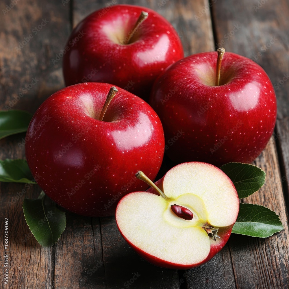 Poster fresh red apples on rustic wooden table with one apple sliced open revealing seeds