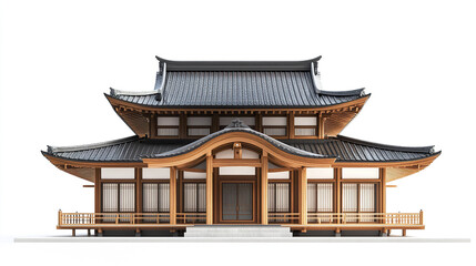 Obraz premium Traditional Japanese house with wooden architecture and curved roof design