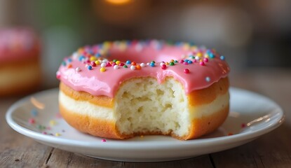 Pink-frosted donut with rainbow sprinkles on plate and bite taken in cafe setting