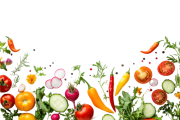 Beautiful arrangement of seasonal vegetables such as tomatoes, garlic, cucumbers, chili peppers, yellow peppers, radishes