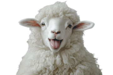 Close-up portrait of a playful sheep with its tongue out, eyes wide open, and a soft white wool coat, all set against a clean white backdrop