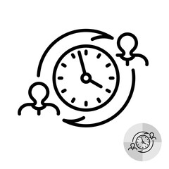 Shift work icon - clock timer with arrows and employee people silhouettes. Time management line symbol. Editable stroke.