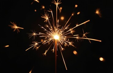 Sparkler sparkles on black background. Firework bengal lights for party event designs. Celebration glitter lights, golden fire sparks, bright fire flame with festive party mood.
