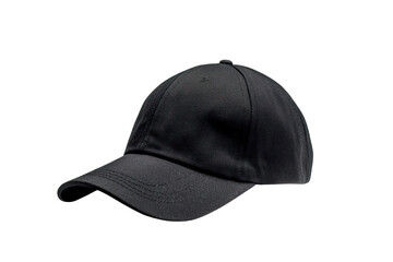 Side view of a blank black baseball cap with a curved brim, placed on a white background for a sleek presentation