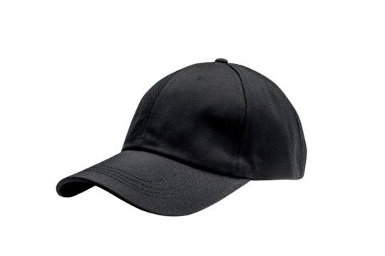 Side view of a blank black baseball cap with a curved brim, placed on a white background for a sleek presentation