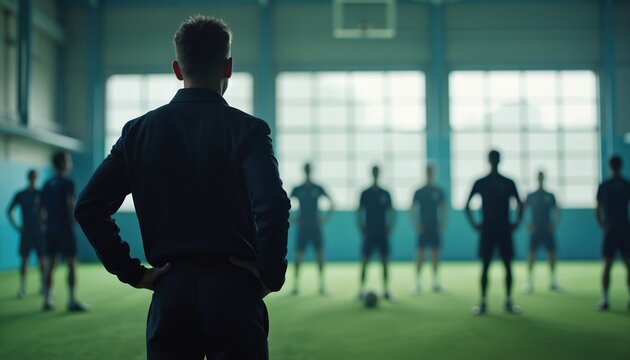 Coach in sports facility directs team training. Manager silhouette stands in front of team. Mentoring, leadership, sport activity, fitness. Teamwork, motivation, performance, coordination, gym