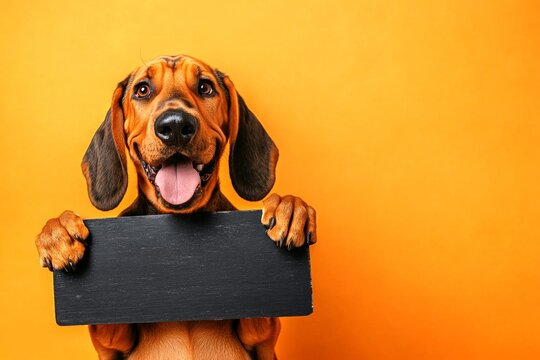 Ð¡ute dog bloodhound hold in front paws a prototype - large dark black drive sign. Creature face on board. Critter holding message. Isolated pooch on a solid outfit bright orange background.