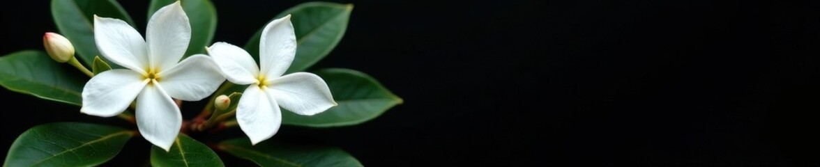 Obraz premium Delicate white jasmine blossoms contrast sharply against a deep black background , closeup, art, summer