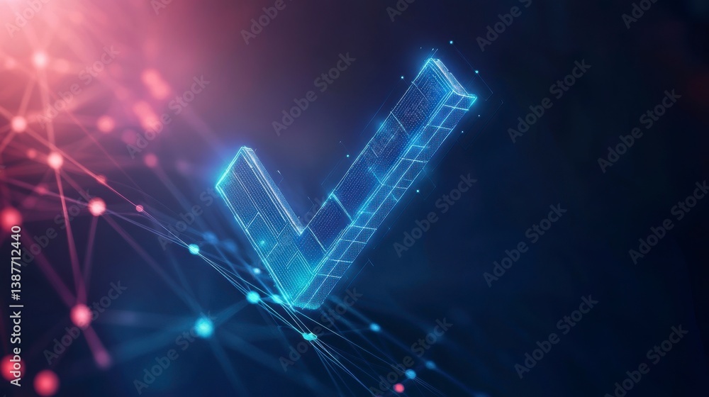 Poster glowing blue checkmark digital symbol on network background.