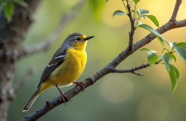 Fototapeta premium Yellow-rumped warbler perched on branch. Bird has yellow breast, grey head, back. Nature scene shows avian life. Wild bird in natural habitat. Perfect for birdwatching, eco-friendly theme.
