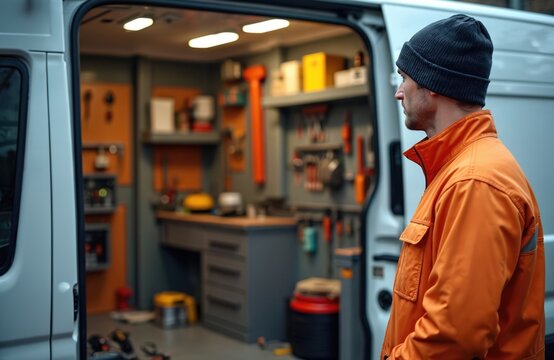Electrician stands next to fully equipped work van. Organized tools, equipment inside vehicle. Pro service, repair, maintenance ready. Industrial setup preparation for electrical task. Man in