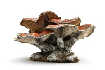 Unique Fungus Formation with Overlapping Caps, Gills, and Texture on White Background