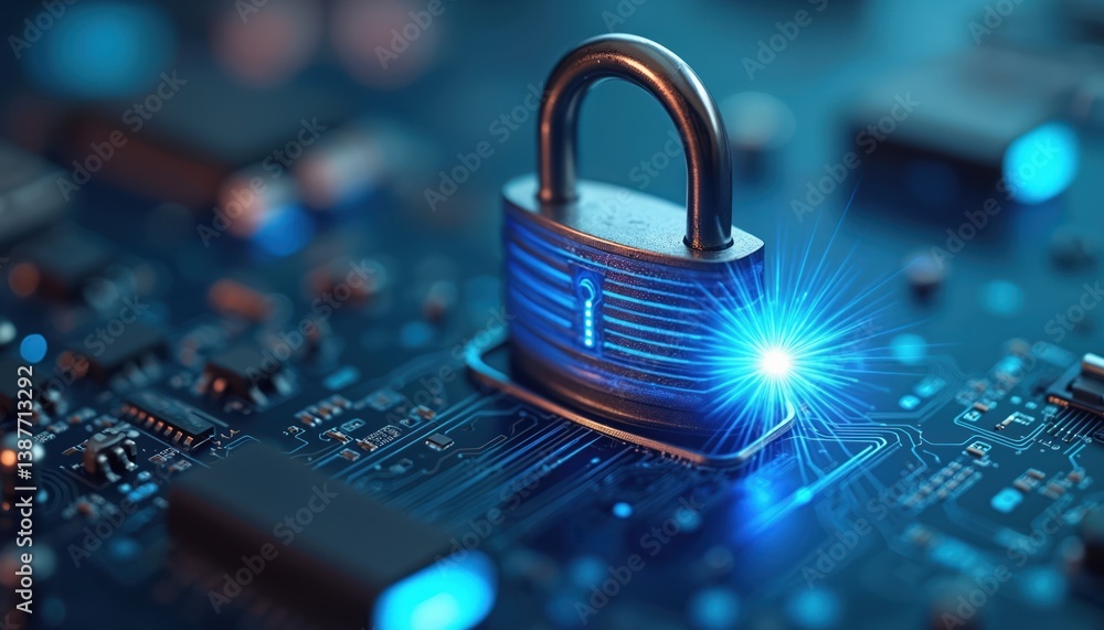 Poster horizontal lock with blue light on electronic circuit. cyber security data protection business priva