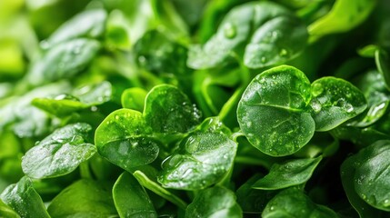 Intricate close-up of fresh green spinach leaves with glistening water droplets