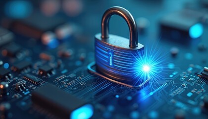Horizontal lock with blue light on electronic circuit. Cyber security data protection business privacy concept. Digital padlock on the motherboard. Computer safety, network data protection.