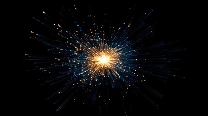 Abstract burst of light, gold and blue sparks on black background.