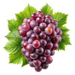 Fototapeta premium A luscious cluster of ripe red grapes, plump and juicy, nestled amongst vibrant green leaves, a burst of freshness against a pristine white background.