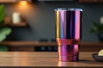 Fototapeta premium Large capacity travel mug, stainless steel finish , eco friendly, silver, steel mug
