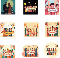 Eid mubarak vector illustration set. Islamic festival art for greetings, t-shirts, posters, cards and more
