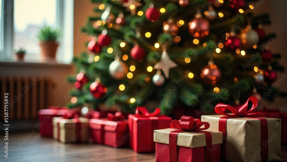 Poster christmas tree with many ornaments and a large number of red boxes. the boxes are wrapped in red rib