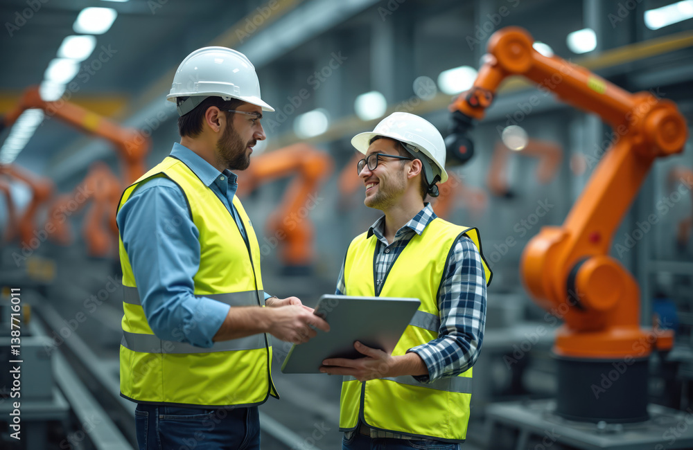 Fototapete Two engineers discuss project on tablet in modern industrial factory. Factory workers wearing safety vests and hard hats analyze production optimization. Robotics, automation, and manufacturing tech.