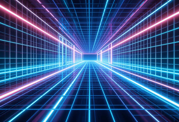 Abstract futuristic grid background with neon lines and 3D depth