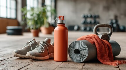 A set of athletic gear featuring a sleek water bottle, a yoga mat, and training shoes, portraying a lifestyle of health, fitness, and well-being in a stylish and inspiring way.