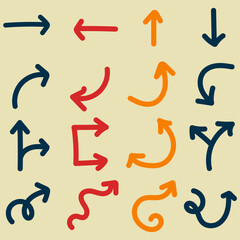 Vibrant hand-drawn arrows in blue, red, and orange on a light beige background. Ideal for illustrating direction, choices, navigation, and movement in designs.