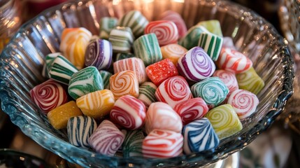 Colorful swirl candies filling a textured glass bowl on a festive occasion