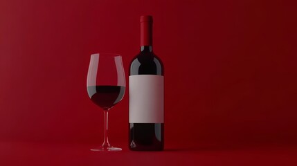 Close up of a bottle and glass of red wine on a vibrant red background, showcasing an old empty label on the bottle, with ample copy space for text, perfect for wine advertising, promotional concepts